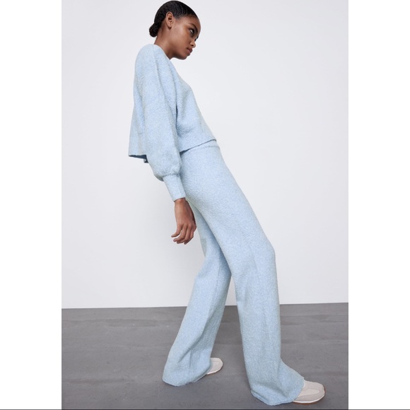 ZARA Wool High Waisted Wide Leg Textured Knit Pull On Trouser Lounge Pants Blue - Picture 4 of 16